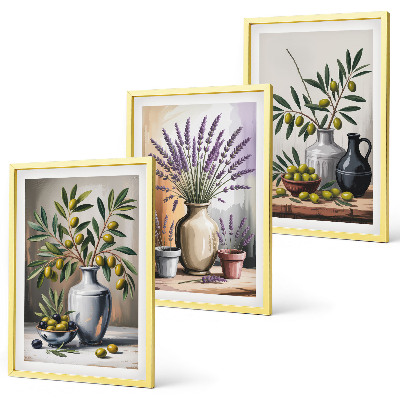 Set of 3 framed wall art pieces Olive flowers in vases in the background
