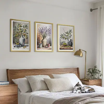 Set of 3 framed wall art pieces featuring olive flowers in vases