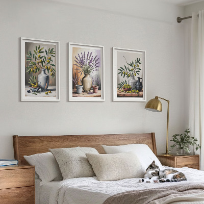 Set of 3 framed wall art pieces Olive flowers in vases in the background