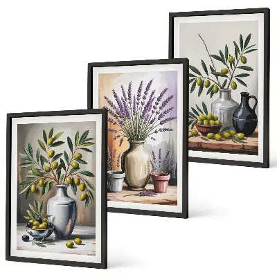 Set of 3 framed wall art pieces featuring olive flowers in vases