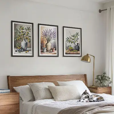 Set of 3 framed wall art pieces featuring olive flowers in vases