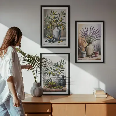 Set of 3 framed wall art pieces featuring olive flowers in vases