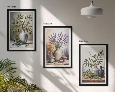 Set of 3 framed wall art pieces featuring olive flowers in vases