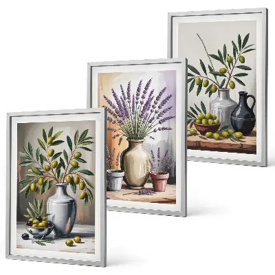 Set of 3 framed wall art pieces featuring olive flowers in vases