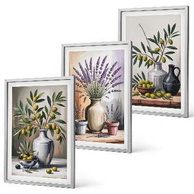 Set of 3 framed wall art pieces Olive flowers in vases in the background