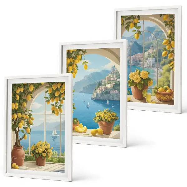 Three-piece sea and lemon landscape wall art set featuring window view motifs