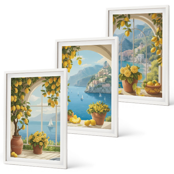 Three-piece wall art piece Landscapes of the sea, lemons, windows