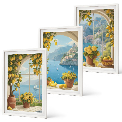 Three-piece wall art piece Landscapes of the sea, lemons, windows