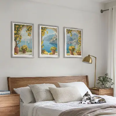 Three-piece sea and lemon landscape wall art set featuring window view motifs