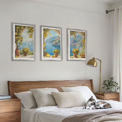 Three-piece wall art piece Landscapes of the sea, lemons, windows