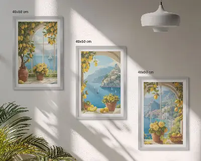 Three-piece sea and lemon landscape wall art set featuring window view motifs