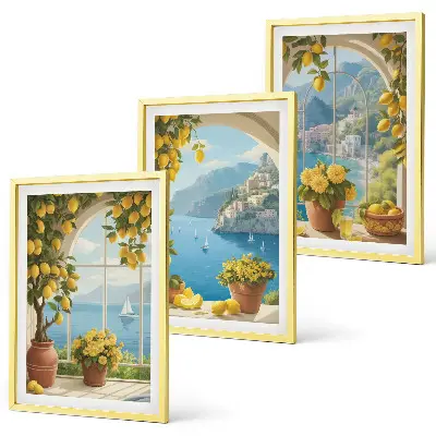 Three-piece sea and lemon landscape wall art set featuring window view motifs