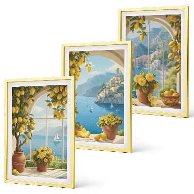 Three-piece wall art piece Landscapes of the sea, lemons, windows