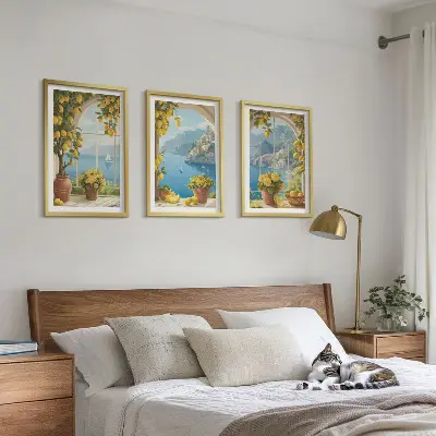 Three-piece sea and lemon landscape wall art set featuring window view motifs