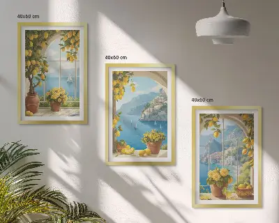 Three-piece sea and lemon landscape wall art set featuring window view motifs