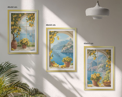Three-piece wall art piece Landscapes of the sea, lemons, windows