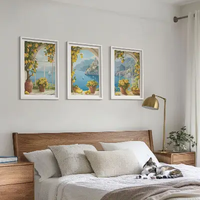 Three-piece sea and lemon landscape wall art set featuring window view motifs