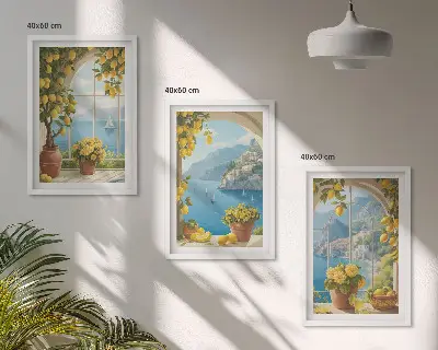 Three-piece sea and lemon landscape wall art set featuring window view motifs