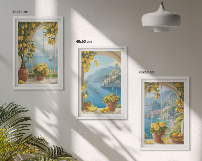 Three-piece wall art piece Landscapes of the sea, lemons, windows
