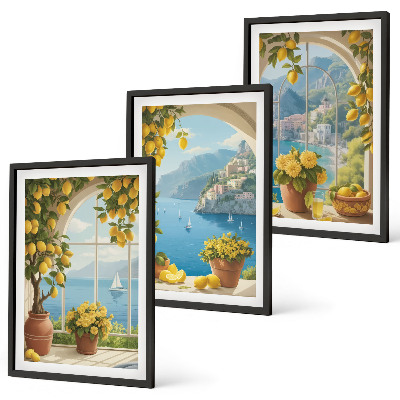 Three-piece wall art piece Landscapes of the sea, lemons, windows