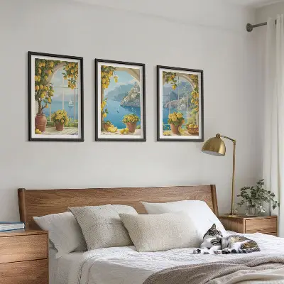 Three-piece sea and lemon landscape wall art set featuring window view motifs