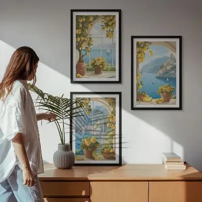 Three-piece sea and lemon landscape wall art set featuring window view motifs