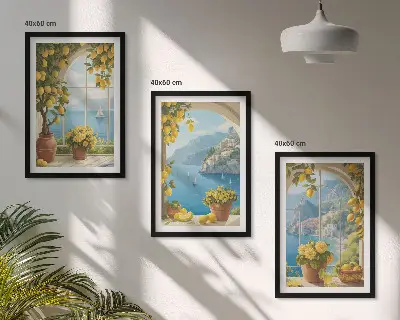 Three-piece sea and lemon landscape wall art set featuring window view motifs