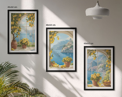 Three-piece wall art piece Landscapes of the sea, lemons, windows