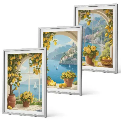 Three-piece sea and lemon landscape wall art set featuring window view motifs