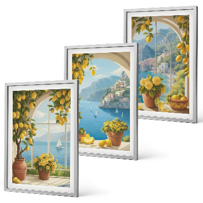 Three-piece wall art piece Landscapes of the sea, lemons, windows