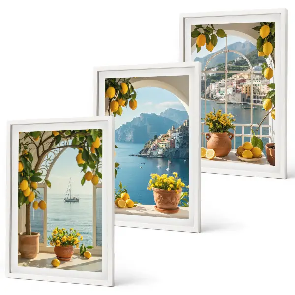 Set of 3 framed wall art pieces featuring sea town with lemons and flowers