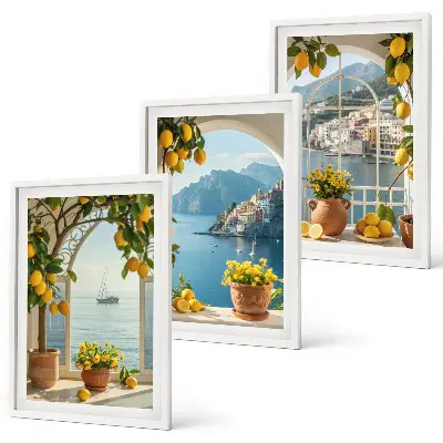 Set of 3 framed wall art pieces featuring sea town with lemons and flowers