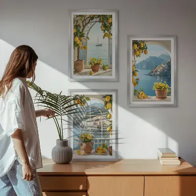Set of 3 framed wall art pieces featuring sea town with lemons and flowers