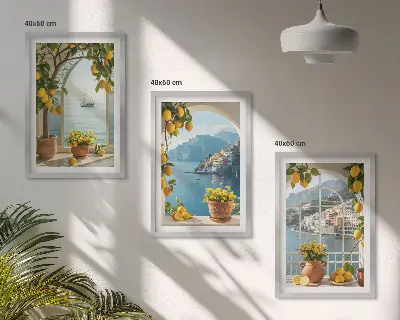 Set of 3 framed wall art pieces featuring sea town with lemons and flowers