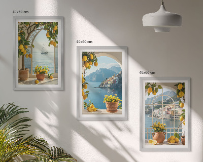 Set of 3 framed wall art pieces Sea town lemons flowers