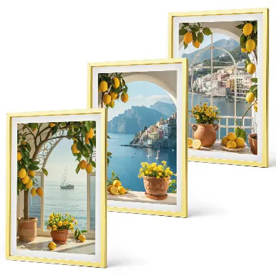 Set of 3 framed wall art pieces featuring sea town with lemons and flowers