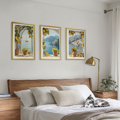 Set of 3 framed wall art pieces Sea town lemons flowers
