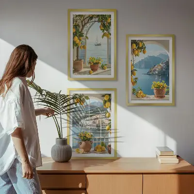Set of 3 framed wall art pieces featuring sea town with lemons and flowers