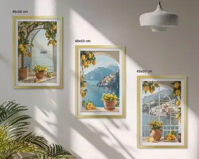 Set of 3 framed wall art pieces featuring sea town with lemons and flowers