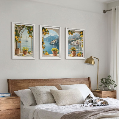 Set of 3 framed wall art pieces Sea town lemons flowers