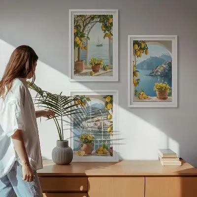 Set of 3 framed wall art pieces featuring sea town with lemons and flowers