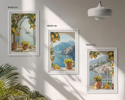 Set of 3 framed wall art pieces featuring sea town with lemons and flowers