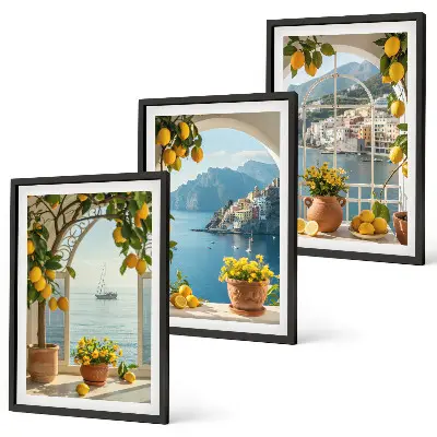 Set of 3 framed wall art pieces featuring sea town with lemons and flowers
