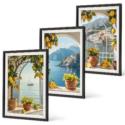 Set of 3 framed wall art pieces Sea town lemons flowers