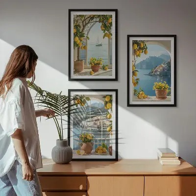 Set of 3 framed wall art pieces featuring sea town with lemons and flowers