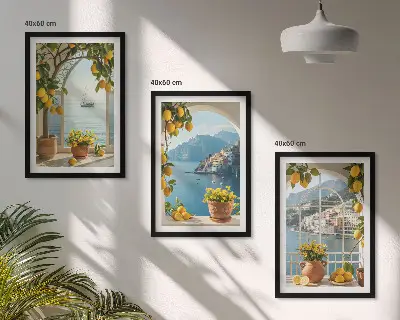 Set of 3 framed wall art pieces featuring sea town with lemons and flowers