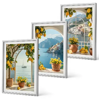 Set of 3 framed wall art pieces featuring sea town with lemons and flowers