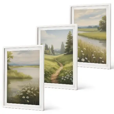 Wall art set spring landscape with a river and meadow