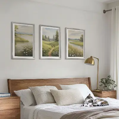 Wall art set spring landscape with a river and meadow