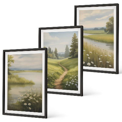 Wall art set Spring landscape river meadow